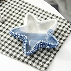 Bleu Acier Assiettes à bijoux en céramique étoile de mer, plaque de bijoux, plateau de rangement pour bagues, , boucle, bleu acier, 155x150x36mm
