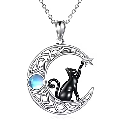 Platinum Black Cat Moonstone Necklace Black Cat on the Moon Pendant Necklace Cute Lucky Cat Necklace Jewelry Gifts for Women Cat Lovers, Platinum, 15.75 inch(40cm)