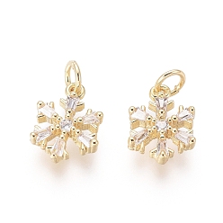 Golden Brass Charms, with Clear Cubic Zirconia and Jump Rings, Snowflake, Golden, 11x8x2.5mm, Hole: 2mm