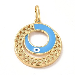 Deep Sky Blue Brass Pendants, with Enamel, Real 18K Gold Plated, Long-Lasting Plated, Round Ring with Evil Eye Charm, Deep Sky Blue, 36.5x32.5x3.5mm, Hole: 11x7.5mm