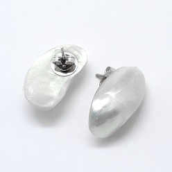 Белый Оболочки овальные шпильки уха, с латунной булавкой, покрытой платиной, белые, 18~25x9~15x4~7 мм, штифты : 1 мм