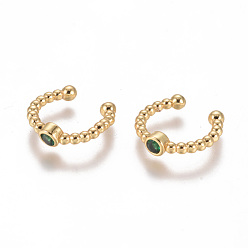 Green Golden Plated Brass Micro Pave Cubic Zirconia Cuff Earrings, Long-Lasting Plated, Green, 14.5~15x2~3mm