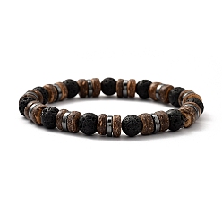 Lava Rock Natural Lava Rock Stretch Bracelets, with Natural Coconut Beads and Non-magnetic Synthetic Hematite Beads, Inner Diameter: 2-1/8 inch(5.5cm)