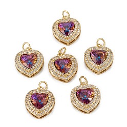 Brown Brass Micro Pave Cubic Zirconia Pendants, Heart, Real 18K Gold Plated, Brown, 16.5x14x6mm, Hole: 3.4mm, Jump Ring: 5x0.8mm