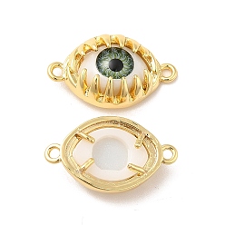 Dark Sea Green Evil Eye Resin Brass Connector Charms, Eye Link, Real 18K Gold Plated, Dark Sea Green, 14x24x6mm, Hole: 1.6mm
