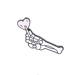 Rose Nacré Main de crâne avec broche en émail coeur, insigne en alliage plaqué noir d'électrophorèse pour vêtements de sac à dos, perle rose, 22.5x39.5mm