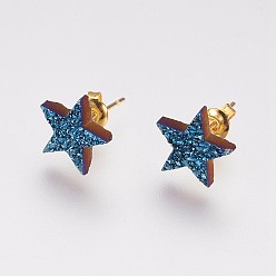 Blue Plated Electroplate Natural Druzy Agate Stud Earrings, with Brass Findings, Star, Blue Plated, 10x11x3mm, Pin: 0.8mm