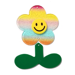 Coloré Gros pendentifs en acrylique avec poudre scintillante, fleurs avec des feuilles, colorées, 61x62.5x4.5mm, Trou: 2.5mm