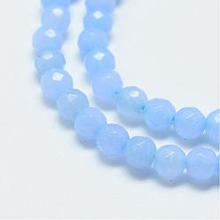 Cornflower Blue Natural White Jade Bead Strands, Dyed, Faceted, Round, Cornflower Blue, 4mm, Hole: 1mm, about 88~89pcs/strand, 14.37~14.57 inch(36.5~37cm)