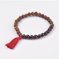Garnet Natural Garnet Stretch Bracelets, with Wood Beads and Cotton Thread Tassel, 2-1/8 inch(5.5cm)