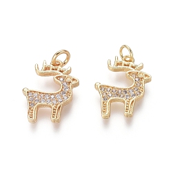 Golden Brass Charms, with Clear Cubic Zirconia and Jump Rings, Christmas Reindeer/Stag, Golden, 15x12x1.5mm, Hole: 2.5mm