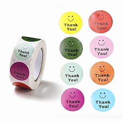 Mixed Color Round Dot Paper Thank You Stickers Roll, Smiling Face Self-Adhesive Gift Tags, for Seal Top Decoration, Mixed Color, 66x27mm, Stickers: 25mm in diamerer, 500pcs/roll