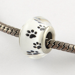 White Large Hole Dog Paw Prints Pattern Resin European Beads, with Silver Color Plated Brass Double Cores, Rondelle, White, 14x9~10mm, Hole: 5mm