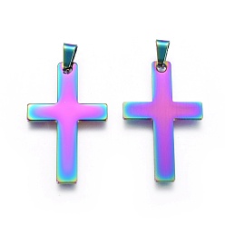 Rainbow Color Placage ionique (ip) 304 pendentifs en acier inoxydable, croix, couleur arc en ciel, 37x22x1mm, Trou: 3x8mm