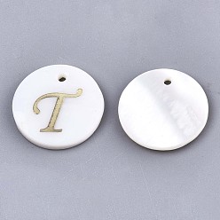 Letter T Natural Freshwater Shell Pendants, with Golden Plated Brass Etched Metal Embellishments, Flat Round with Letter, Letter.T, 15x2mm, Hole: 1.2mm