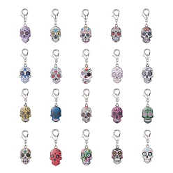 Mixed Color 20Pcs Alloy Enamel Pendant Decoration, with Zinc Alloy Lobster Claw Clasps, Skull, Mixed Color, 39~40mm, 1pc/color