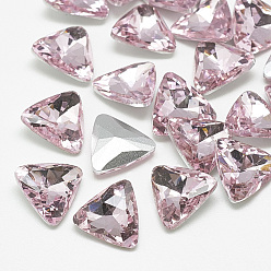 Light Rose Pointed Back Glass Rhinestone Cabochons, Back Plated, Faceted, Triangle, Light Rose, 11x12x4.5mm