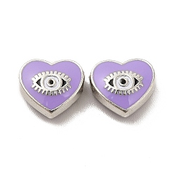 Lila Perlas de esmalte de la aleación, corazón con ojo de caballo, Platino, lila, 9x10x4 mm, agujero: 1.6 mm