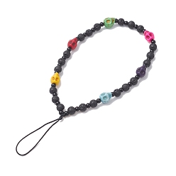 Noir Sangles mobiles perlées de pierre de lave, avec des perles de turquoise synthétiques teintes, décoration d'accessoires mobiles anti-perte de fil de nylon, crane, noir, 19.4 cm