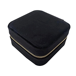Noir Boîtes à fermeture éclair pour organisateur de bijoux en velours, étui à bijoux de voyage portable pour bagues, carrée, noir, 10x10x5 cm