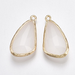 Antique White Glass pendants, with Brass Findings, Faceted, teardrop, Golden, Antique White, 28.5x14x6mm, Hole: 1.5mm