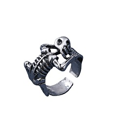 Antique Silver Alloy Skeleton Open Cuff Rings, Gothic Chunky Ring for Men Women, Antique Silver, US Size 8(18.1mm)