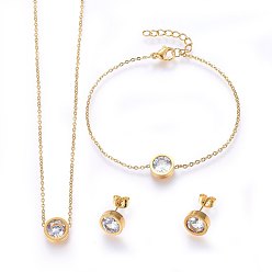 Golden 304 Stainless Steel Jewelry Sets, Pendant Necklaces & Stud Earrings & Bracelets, with Cubic Zirconia, Flat Round, Golden, 17.7 inch(45cm), 180mm, 9~10x4mm, pin: 0.8mm