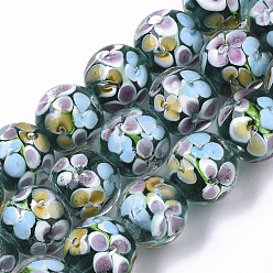 Teal Handmade Lampwork Beads Strands, Inner Flower, Round, Green, 11.5~12.5x10.5~11.5mm, Hole: 1.4mm, about 45pcs/Strand, 19.69 inch~20.08 inch