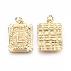Letter L Brass Pendants, with Jump Rings, Cadmium Free & Nickel Free & Lead Free, Rectangle with Letter, Real 18K Gold Plated, Letter.L, 22.5x16x2mm, Jump Ring: 5x1mm, 3mm inner diameter