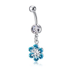 Deep Sky Blue Piercing Jewelry, Brass Cubic Zirconia Navel Ring, Navel Ring Belly Rings, with 304 Stainless Steel Bar, Lead Free & Cadmium Free, Flower, Platinum, Deep Sky Blue, 42x10mm, Bar Length: 3/8"(10mm), Bar: 14 Gauge(1.6mm)