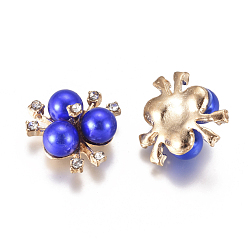 Azul Cabochons de aleación, con diamantes de imitación de cristal y perlas de imitación acrílicas, flor, la luz de oro, azul, 19~20x21~22x10 mm