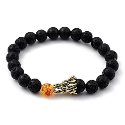 Lava Rock Men's Natural Lava Rock Stretch Beaded Bracelets, with Resin Imitation Amber Beads and Dragon Head Alloy Beads, Antique Golden, Inner Diameter: 2-1/8 inch(5.5cm)
