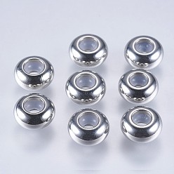 Stainless Steel Color 202 Stainless Steel Beads, with Plastic, Slider Beads, Stopper Beads, Rondelle, Stainless Steel Color, 8x4mm, Hole: 2mm