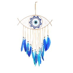 Dodger Blue Wooden Woven Net/Web with Feather Pendant Decotations, with Dyed Feather and Silk Cord, Wall Hanging Ornament for Car, Home Decor, Evil Eye, Dodger Blue, Pendant: 550x370mm
