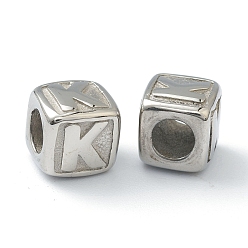 Letter K 304 de acero inoxidable de cuentas europeo, abalorios de grande agujero, agujero horizontal, cubo con la letra, color acero inoxidable, letter.k, 8x8x8 mm, agujero: 4 mm