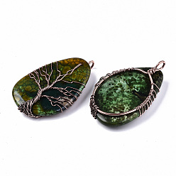 Fire Agate Natural Fire Agate Big Pendants, with Brass Findings, Wire Wrapped Pendants, Teardrop with Tree, 60~67x38~42x12~14mm, Hole: 5~6mm