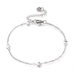 Stainless Steel Color 304 Stainless Steel Cable Chain Anklets, with Heart Links and Lobster Claw Clasps, Stainless Steel Color, 8-7/8 inch(22.5cm)