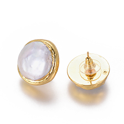 Golden Natural Pearl Stud Earrings, with Brass Findings, Brass Ear Nuts, Earring Backs, with Plastic, Flat Round, White, Golden, 20~22x6.5~8mm, Pin: 0.8mm