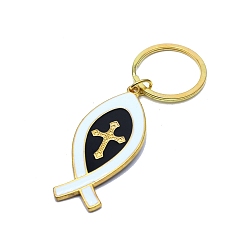 White Israel Jesus Fish Shaped Keychain, Religious Cross Alloy Enamel Pendant Keychain, Golden, White, 8.5cm