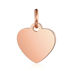 Oro Rosa 201 encantos de etiquetas en blanco de estampado de acero inoxidable, pulido manual, corazón, oro rosa, 10.5x10.5x1 mm, agujero: 3 mm