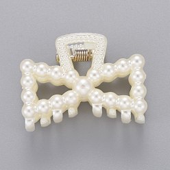 Blanc Plastique de pinces à cheveux griffes, avec des perles d'imitation en plastique ABS et des apprêts en fer, bowknot, blanc, 29x39.5x26mm