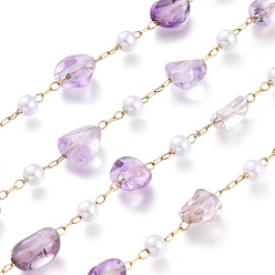 Ametrine 304 Stainless Steel Link Chains, with Glass Pearl & Natural Ametrine Nuggets Beads, Long-Lasting Plated, Unwelded, with Spool, Golden, Stone: 5~9.5x5~11x3.5~7.5mm, about 32.8 Feet(10m)/roll