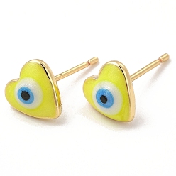 Yellow Enamel Heart with Evil Eye Stud Earrings, Real 18K Gold Plated Brass Jewelry for Women, Yellow, 8x8mm, Pin: 0.7mm