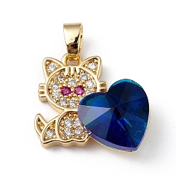 Medium Blue Real 18K Gold Plated Rack Plating Brass Micro Pave Cubic Zirconia Pendants, with Glass, Long-Lasting Plated, Cadmium Free & Lead Free, Cat with Heart, Medium Blue, 21x19.5x7.5mm, Hole: 3.5x5mm