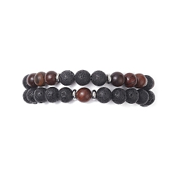 Coconut Brown 2Pcs 2 Style Natural Wood & Lava Rock Round Beaded Stretch Bracelets Set for Women, Coconut Brown, Inner Diameter: 2-1/4 inch(5.7cm), 1Pc/style
