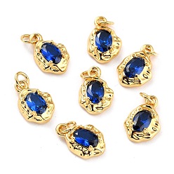 Medium Blue Brass Micro Pave Cubic Zirconia Pendant, Long-Lasting Plated, Real 18K Gold Plated, Oval, Medium Blue, 12x8x3mm, Hole: 2.6mm