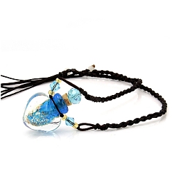 Deep Sky Blue Lampwork Perfume Bottle Necklaces with Ropes, Heart, Deep Sky Blue, 22.05~28.35 inch(56~72cm), Pendant: 22x12x20, Capacity: 1ml(0.03fl. oz)