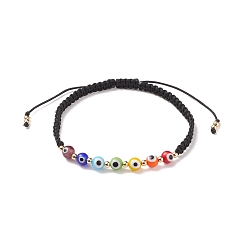 Noir Bracelet de perles tressées rondes mauvais œil au chalumeau, bracelet réglable pour femme, noir, diamètre intérieur: 2-1/4~3-1/2 pouce (5.8~9 cm)