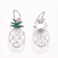 Platinum Brass Enamel Charms, with Micro Pave Cubic Zirconia and Jump Rings, Pineapple, Clear & Green, Platinum, 13x7x1.6mm, Hole: 3.4mm