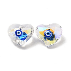 Blue Transparent Glass Beads, with Enamel, Faceted, Heart with Evil Eye Pattern, Blue, 15.5x18.5x10mm, Hole: 1.6mm